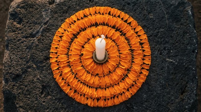 Circular marigold petal arrangement with a white candle on a dark stone surface