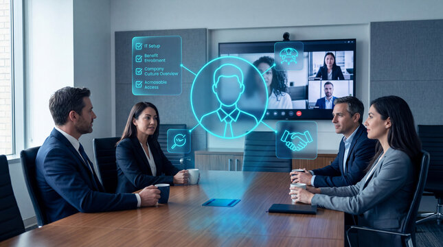 Diverse corporate HR team conducting virtual employee onboarding with futuristic holographic HUD interface during video conference meeting, human resources digital transformation & talent recruitment