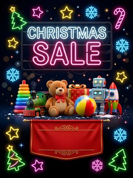 Christmas sale neon sign with teddy bear and vintage toys on dark background