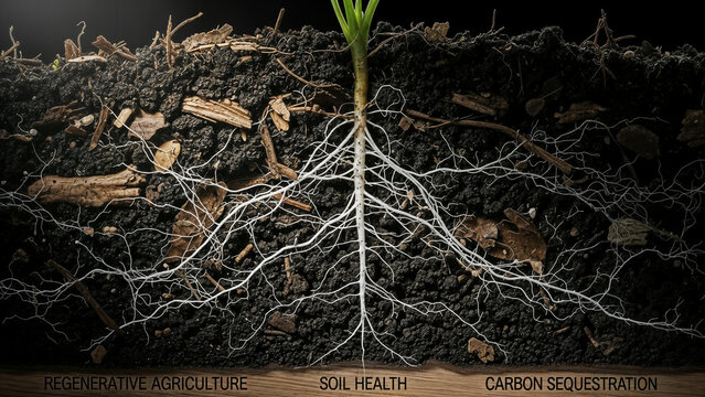 Cross section of soil showing complex root system underground with text labels for regenerative agriculture soil health and carbon sequestration environmental.