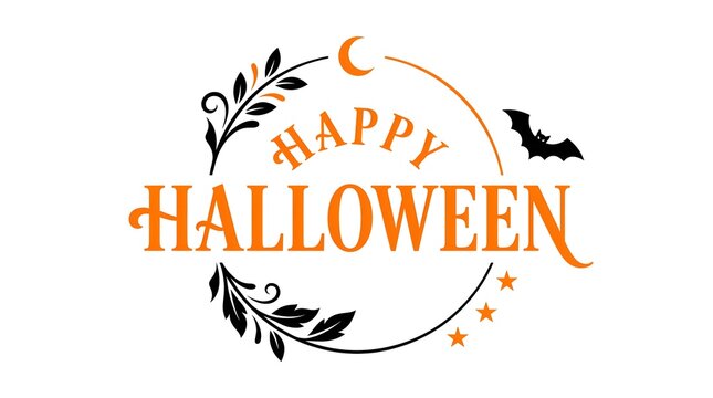 Watercolor happy halloween illustration with moon bat and floral elements on white background
