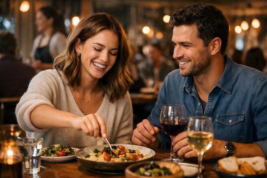 Happy couple enjoying a romantic dinner date at a restaurant with wine and food
