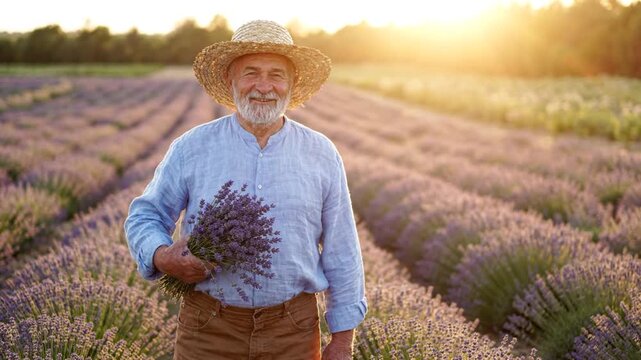 Senior Farmer with Lavender Bouquet at Sunset