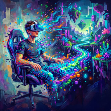 Young gamer wearing a virtual reality headset sitting in a gaming chair as he immerses into a colorful neon digital metaverse world with floating islands