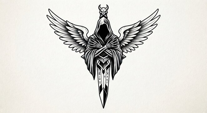 Hooded winged figure holding sword illustration