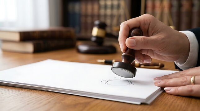 Notary Public Stamping Legal Document on Wooden Desk with Gavel and Law Books Background