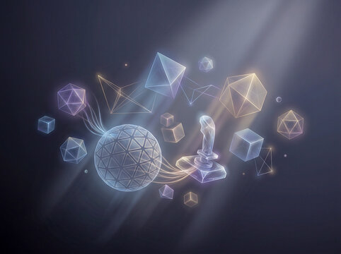 Glowing abstract geometric shapes and polyhedrons floating with a wireframe sphere and joystick in a dark futuristic light-filled space background
