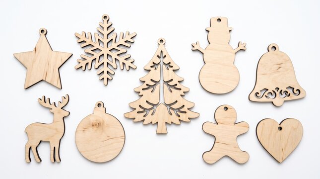 Unfinished wooden holiday decorations isolated on white background