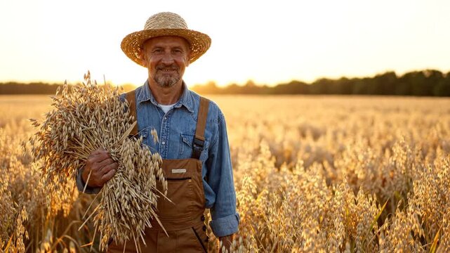 Senior Farmer with Grain Harvest in Sunset Field