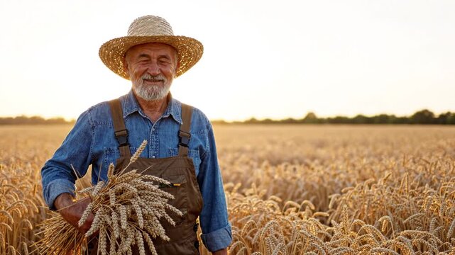 Senior Farmer with Wheat Bundle in Golden Field