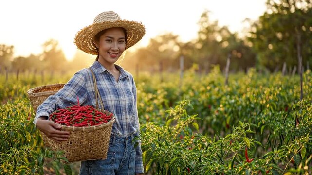Smiling Asian Female Farmer Harvesting Red Chilies at Sunset