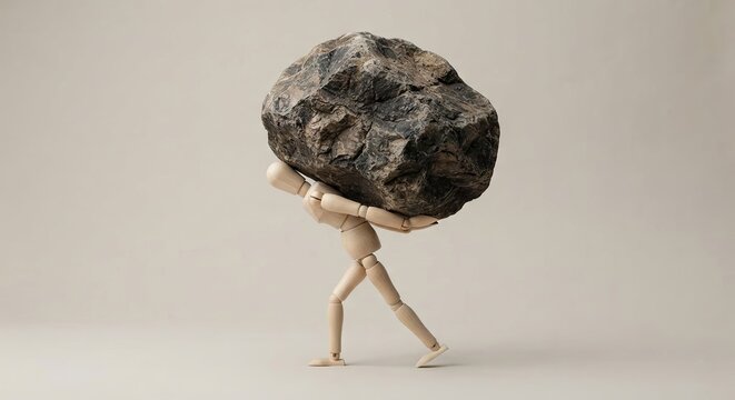 Wooden figure carrying heavy boulder on back
