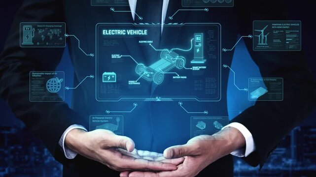 Technical layout of electric vehicle showing battery system, power control, traction motor, charging interface, and integration with renewable and smart energy sources Marrow