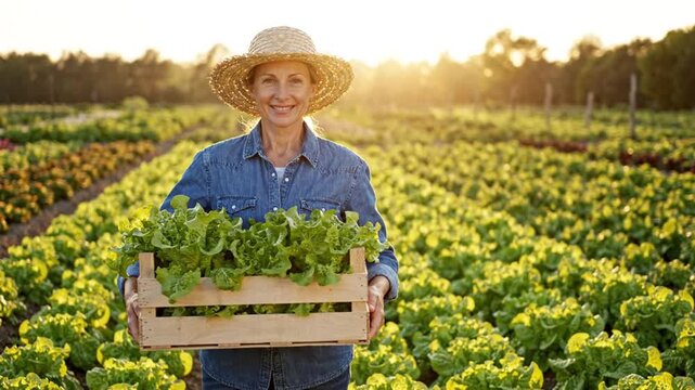Female Farmer Holding Crate of Fresh Lettuce at Sunset