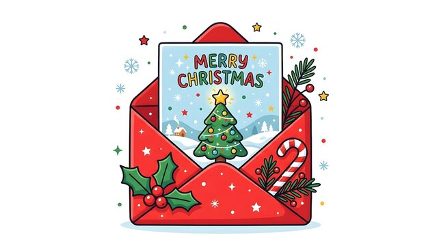 Red envelope containing a festive merry christmas card with a decorated pine tree illustration