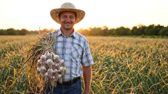 Proud Farmer Holding Fresh Garlic Harvest at Sunset