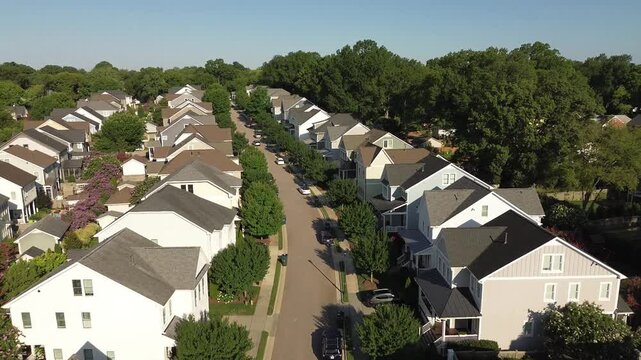 Aerial shot of new homes in a quiet Raleigh, North Carolina neighborhood