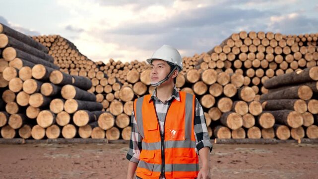 Front View of Asian Male Engineer Walking with Stacked timber logs pile at outdoor lumber yard