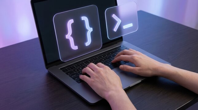 Person coding on laptop with code symbols display