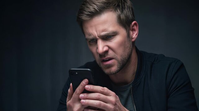 Frustrated young man reacting to bad news on smartphone. Stressed person looking at mobile device with confused and angry facial expression. Close-up panning shot.