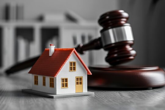 Small red model house next to wooden judge gavel on desk selective color real estate law auction mortgage legal background