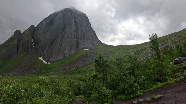 Static wide view of Segla mountain peak from hiking trail in Senja Norway