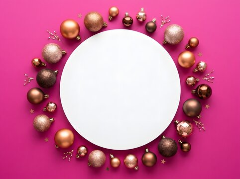 Christmas ornaments arranged in a circle with a white center on pink background