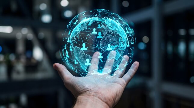 A hand supporting a glowing blue wireframe Earth globe populated with user profile icons.