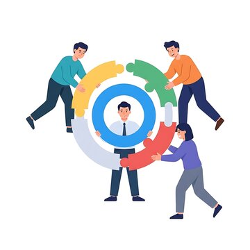 Business teamwork concept illustration, diverse professional team building a circular puzzle, collaborative corporate partnership and unity