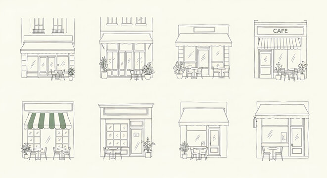 A handdrawn storefront and cafe sketch collection featuring vintage facade designs with a decorative awning and outdoor seating