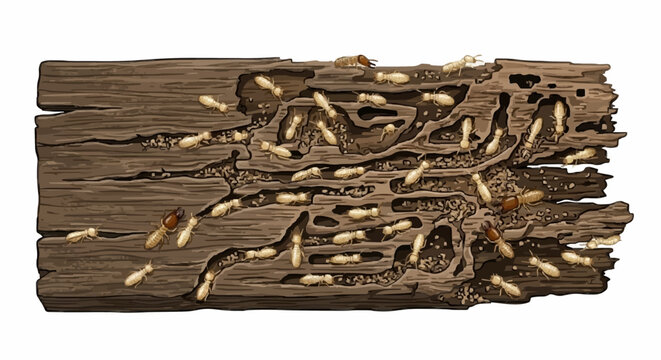Termite Colony Infestation and Tunnel Network Inside Wood Log - Hand Drawn Style Illustration