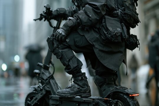 Person wearing techwear clothing and tactical gear standing on an electric scooter in the city