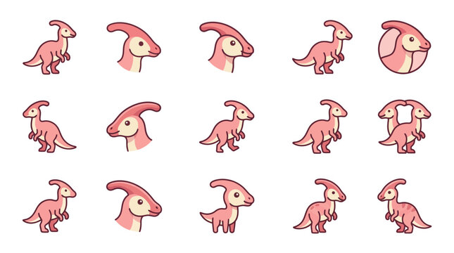 Collection of pink parasaurolophus dinosaur poses.