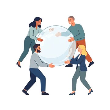 Collaborative business team holding glass sphere, diverse people working together, corporate teamwork and shared vision concept