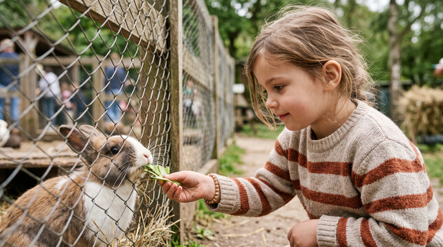 Young girl feeding a rabbit at a petting zoo or farm enclosure
