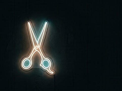 Glowing neon scissor sign on dark wall background
