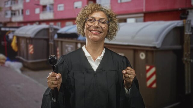 Middleaged woman judge in robe holds gavel, smiles and raises fist on street with dumpsters and building behind; confidence resilience authority.