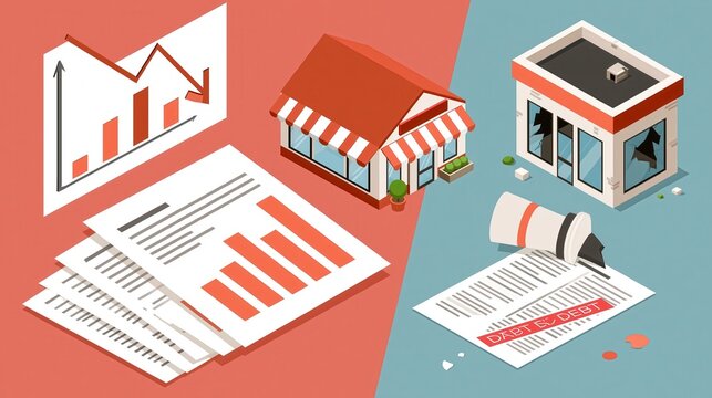 Business concept comparing growth and decline with charts and storefronts during economic change