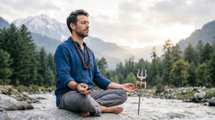 Fototapeta premium Man Meditating in Lotus Pose on Rock Near Mountain River Peaceful Outdoor Yoga Practice