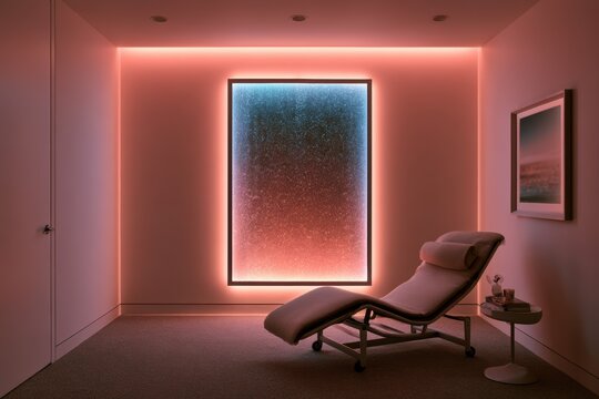 Modern wellness spa interior featuring a chaise lounge and color changing light panel