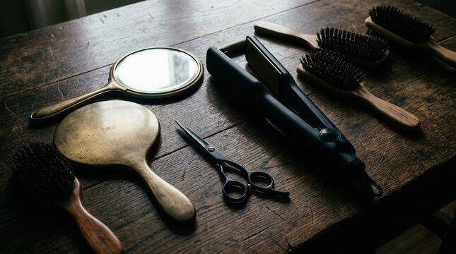 Hairdresser and barber tools on vintage wooden table