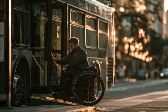 Man in wheelchair entering a city bus via an accessible ramp during sunset