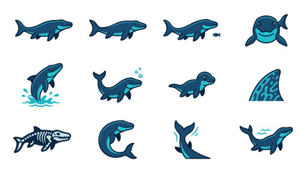 Fototapeta premium Prehistoric sea monster and skeleton icon set