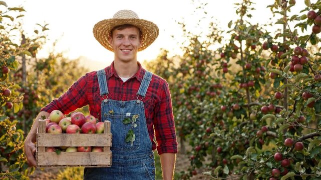 Farmer with Fresh Apple Crate in Sunny Orchard Harvest