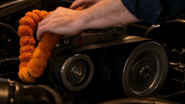 Mechanic Places Marigold Garland on Clean Car Engine