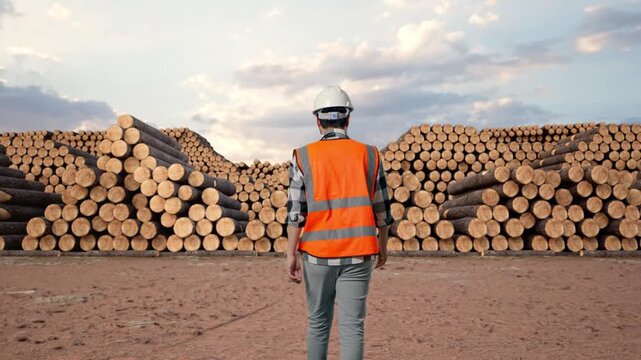 Back of Asian Male Engineer Walking with Stacked timber logs pile at outdoor lumber yard