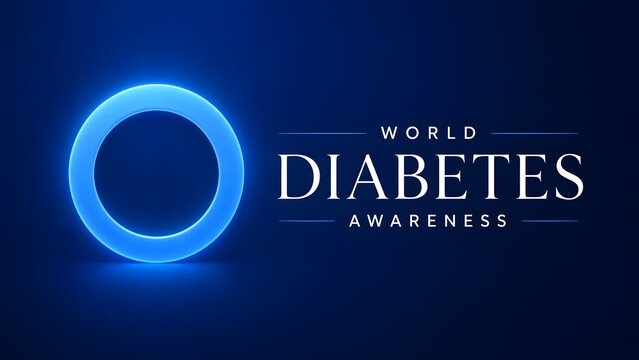 World Diabetes Awareness banner, glowing blue circle symbol on dark background, medical health campaign poster