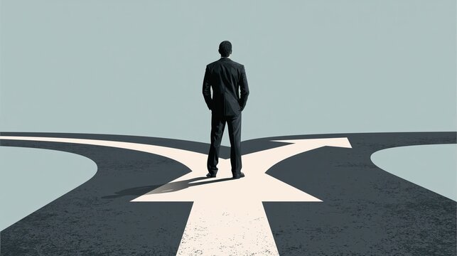 Man standing at a road fork symbolizing choice and decision making during a bright day