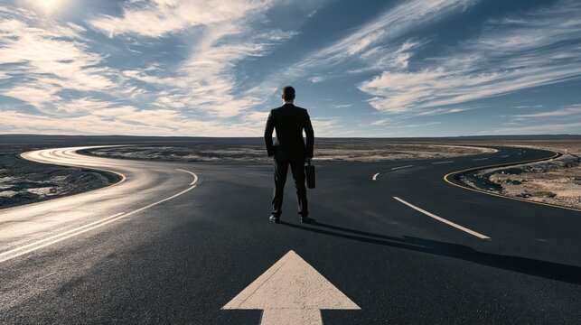 Businessman at crossroads during daytime with dramatic clouds symbolizing choice and future direction