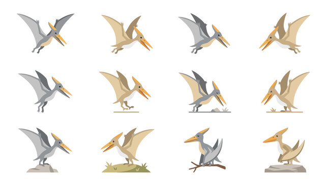 Stylized pterodactyl dinosaur illustrations with scenic elements.
